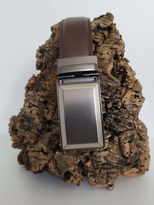 Brown Leather Belt with Automatic Silver Buckle